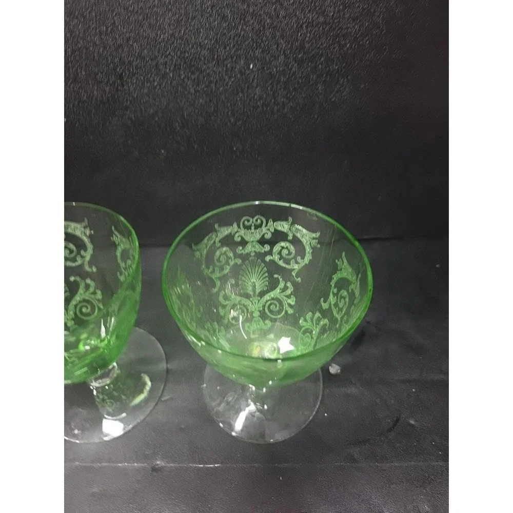 Fostoria Versailles Etched‎ Cocktail Glasses, Set of 2, Vtg Footed Uranium Glass